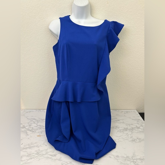 Calvin Klein Collection Dresses & Skirts - Calvin Klein Blue Dress Womens 10 Asymmetrical Sleeve Back Zip Tiered Layered